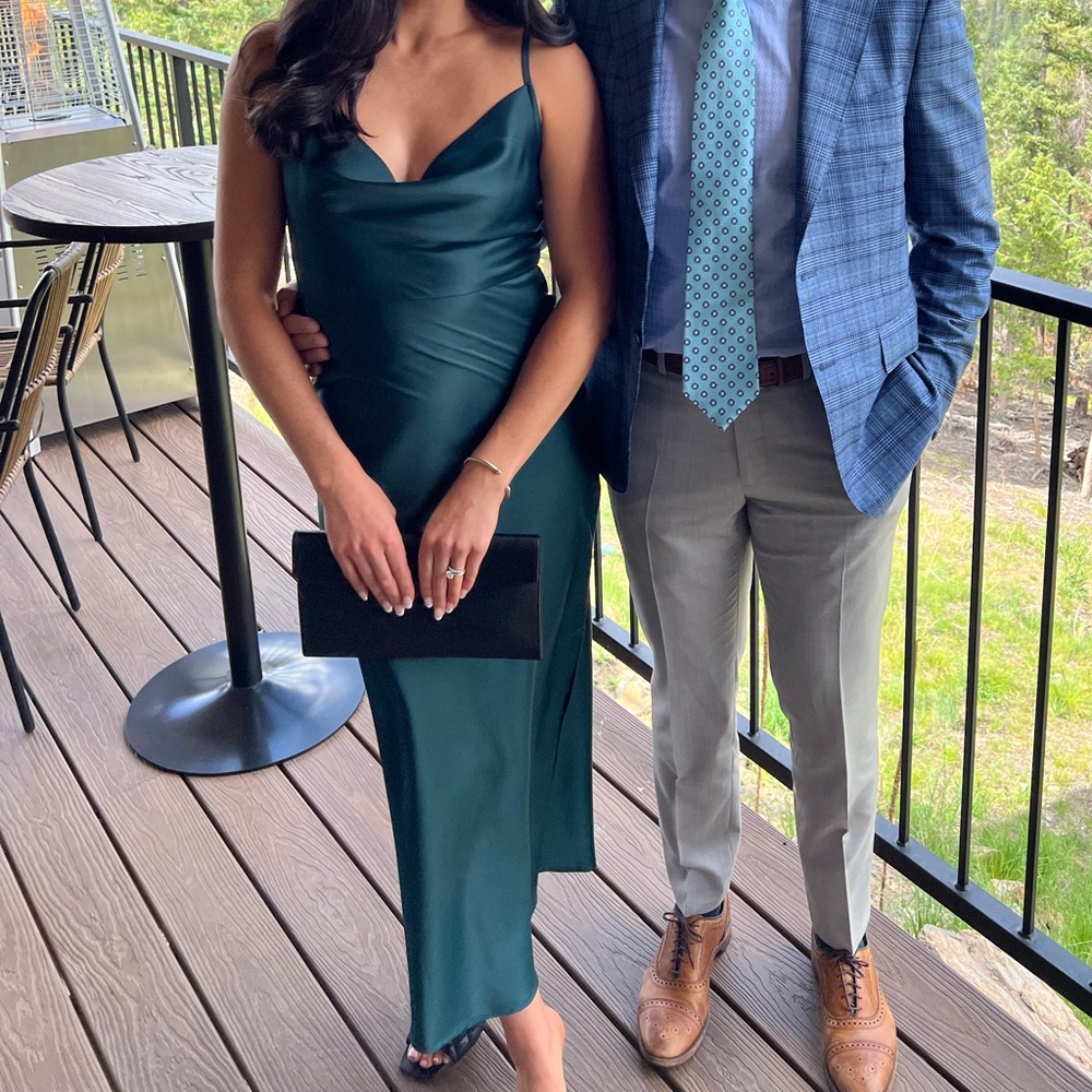 BHLDN Cali Satin Charmeuse Midi Dress — Wedding Guest Dress (Emerald)